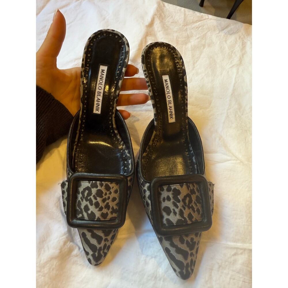 Manolo Blahnik Leopard Satin Buckle Mules Size 38